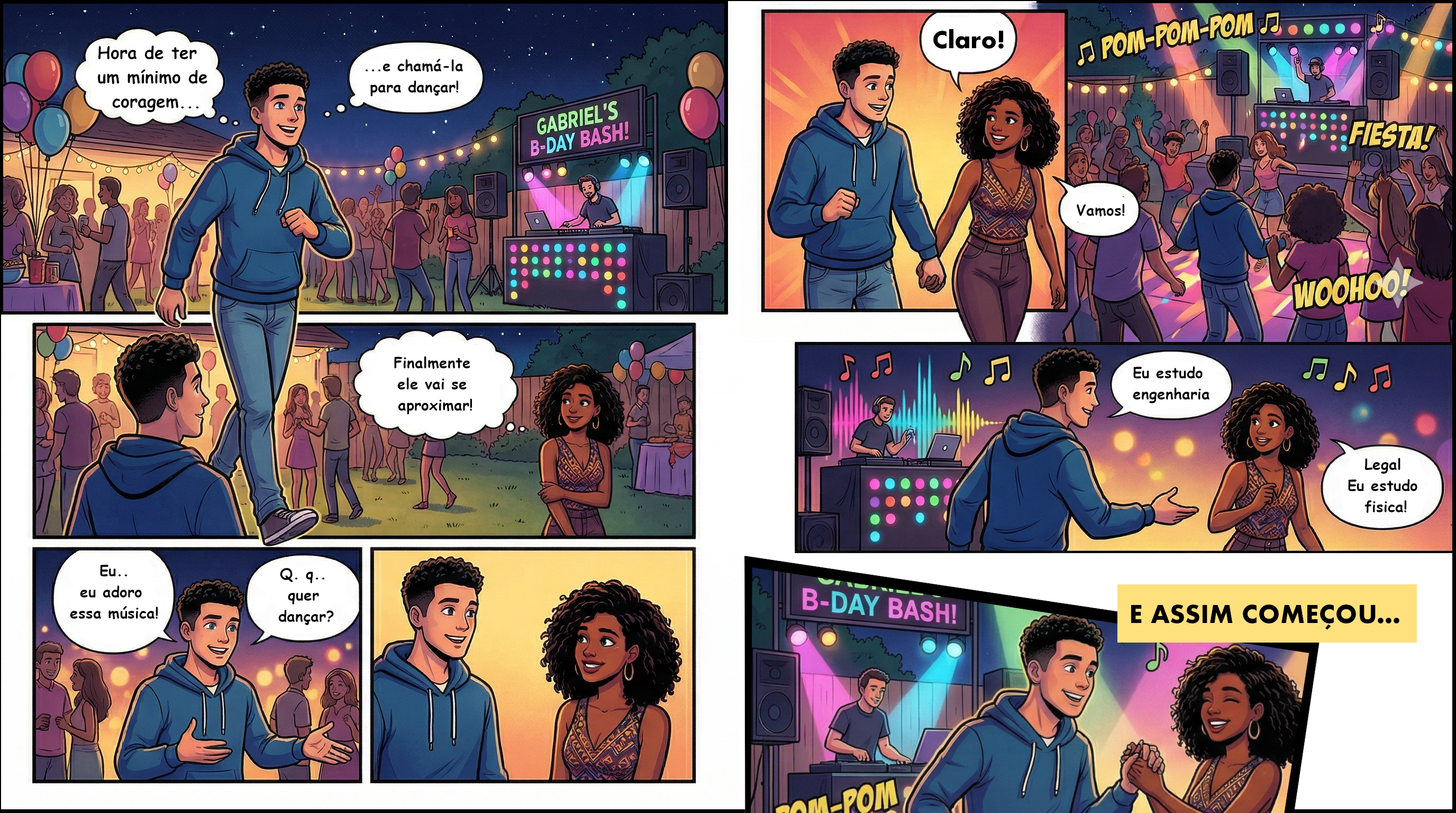 Quadrinha em seis painéis: Bia e Dan se encontram na festa de aniversário de Gabriel, ele a convida a dançar e eles conversam — e assim começou.